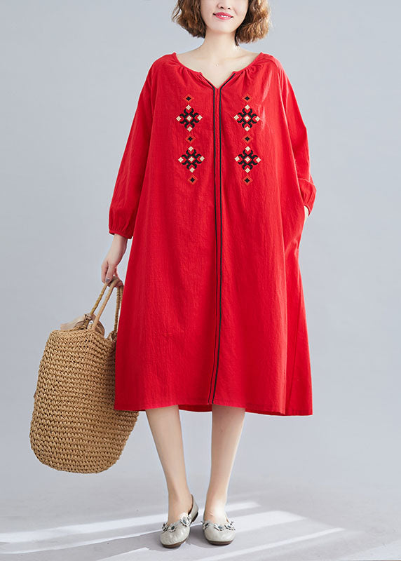 Style Red Embroideried Loose Dresses Spring