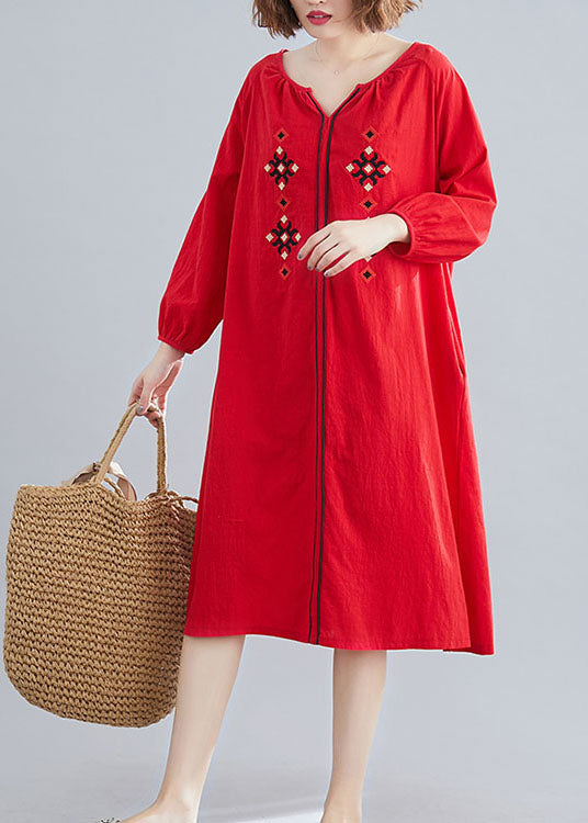 Style Red Embroideried Loose Dresses Spring