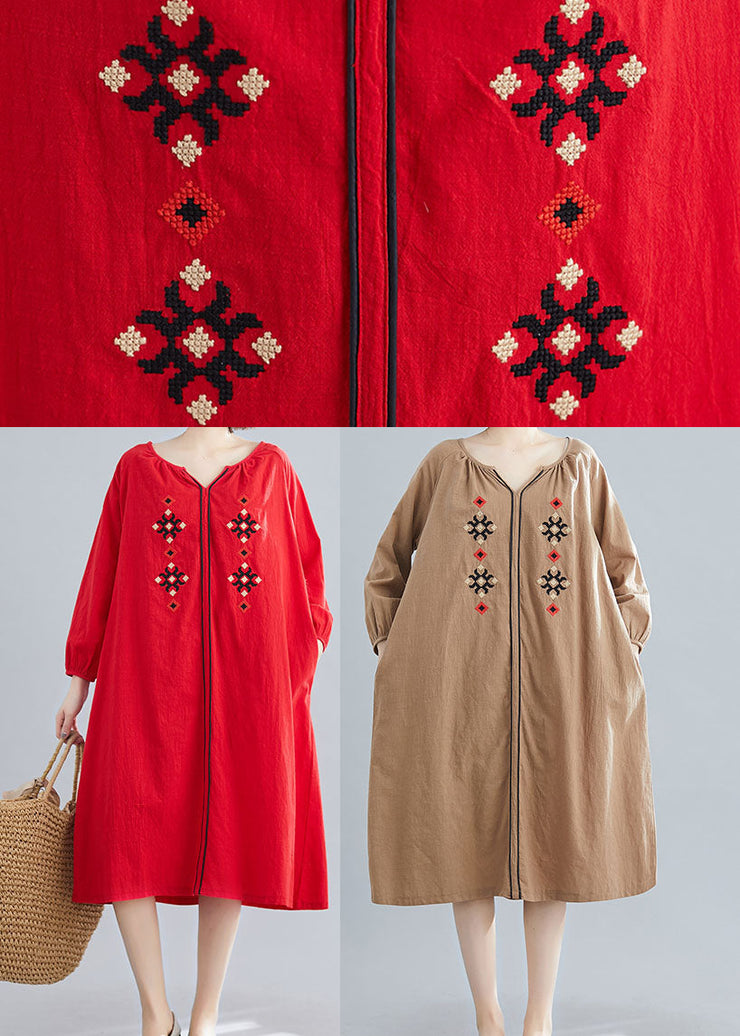 Style Red Embroideried Loose Dresses Spring