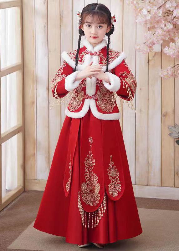 Style Red Embroideried Tassel Girls Coats And Long Skirts Two Piece Set Long Sleeve