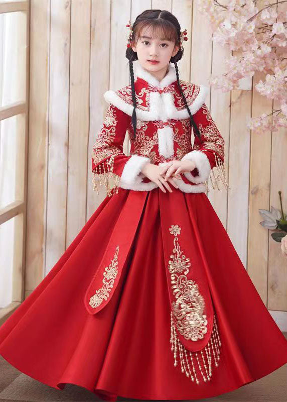 Style Red Embroidered Tassel Girls Coats And Long Skirts Two Piece Set Long Sleeve