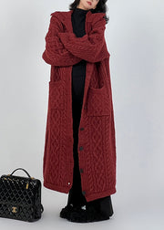 Style Red Hign Neck Pockets Button Knit Sweaters Cardigan Winter