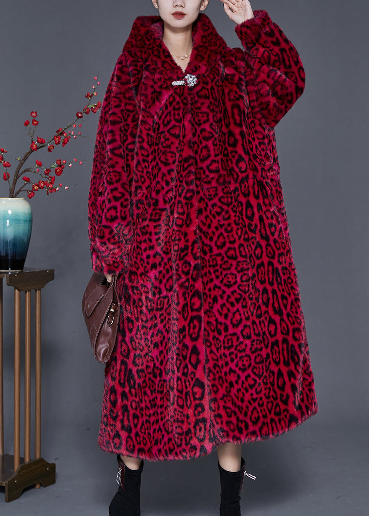 Style Red Hooded Print Faux Fur Coat Spring