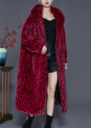 Style Red Hooded Print Faux Fur Coat Spring