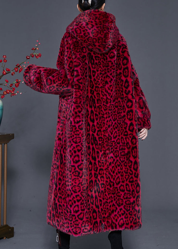 Style Red Hooded Print Faux Fur Coat Spring