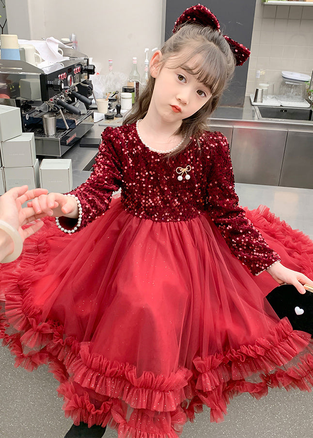 Style Red Nail Bead Tulle Patchwork Girls Long Dresses Spring