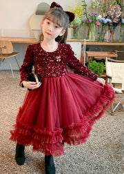 Style Red Nail Bead Tulle Patchwork Girls Long Dresses Spring