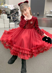 Style Red Nail Bead Tulle Patchwork Girls Long Dresses Spring