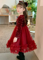 Style Red Nail Bead Tulle Patchwork Girls Long Dresses Spring