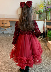 Style Red Nail Bead Tulle Patchwork Girls Long Dresses Spring