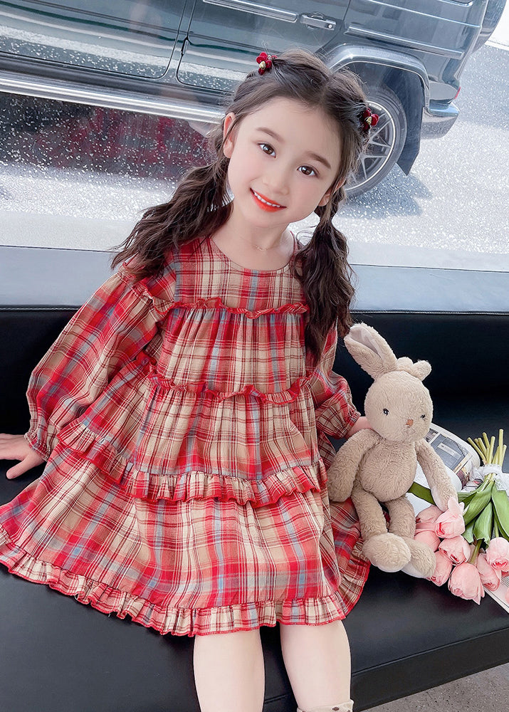 Style Red O-Neck Plaid Patchwork Girls Maxi Dress Long Sleeve