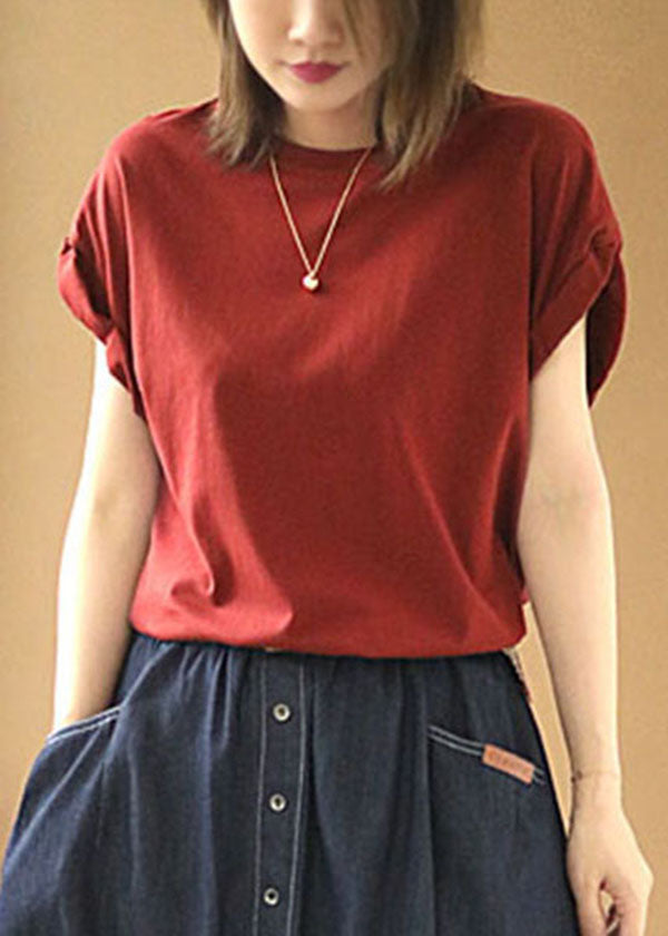 Style Red O-Neck Solid Color Cotton Loose Tank Tops Short Sleeve