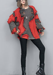 Style Red O Neck Tassel Patchwork Denim Pullover Tops Spring