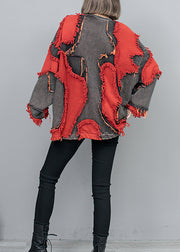 Style Red O Neck Tassel Patchwork Denim Pullover Tops Fall