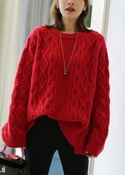 Style Red O Neck Thick Woolen Cable Knit Sweaters Spring