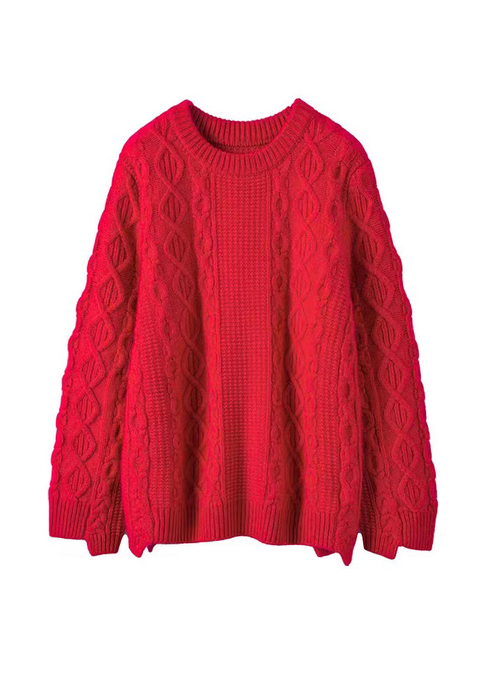 Style Red O Neck Thick Woolen Cable Knit Sweaters Spring