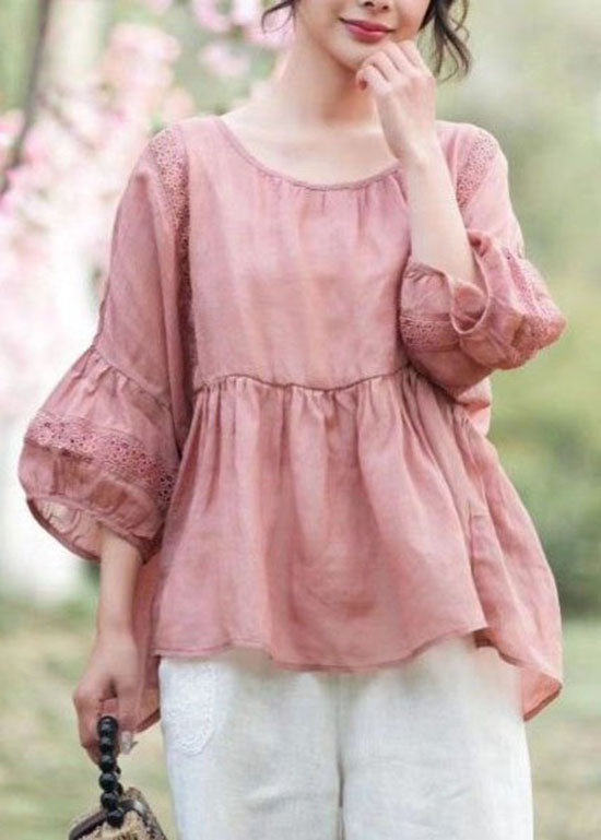 Style Red O Neck Wrinkled Patchwork Linen Tops Lantern Sleeve