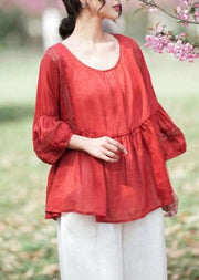 Style Red O Neck Wrinkled Patchwork Linen Tops Lantern Sleeve