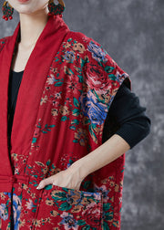 Style Red Oversized Print Fine Cotton Filled Loose Cardigan Winter