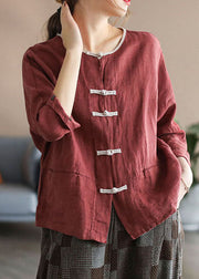 Style Red Patchwork Chinese Button Linen Cardigans Bracelet Sleeve