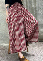Style Red Plaid Pockets Elastic Waist Cotton Wide Leg Pants Summer