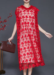 Style Red Ruffled Embroidered Hollow Out Tulle Dress Summer