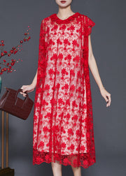 Style Red Ruffled Embroidered Hollow Out Tulle Dress Summer