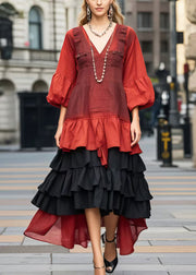 Style Red Ruffled Patchwork Cotton Maxi Dresses Bracelet Sleeve