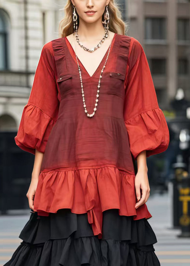 Style Red Ruffled Patchwork Cotton Maxi Dresses Bracelet Sleeve