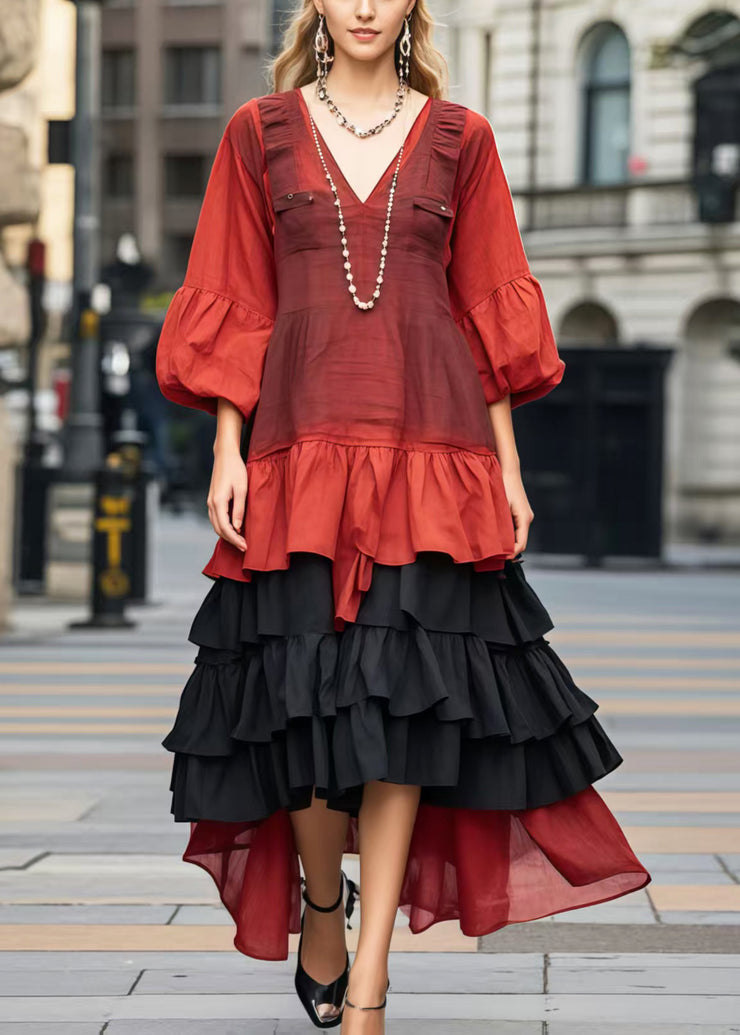 Style Red Ruffled Patchwork Cotton Maxi Dresses Bracelet Sleeve