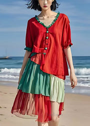 Style Red Ruffled Patchwork Tulle Mid Dress Summer