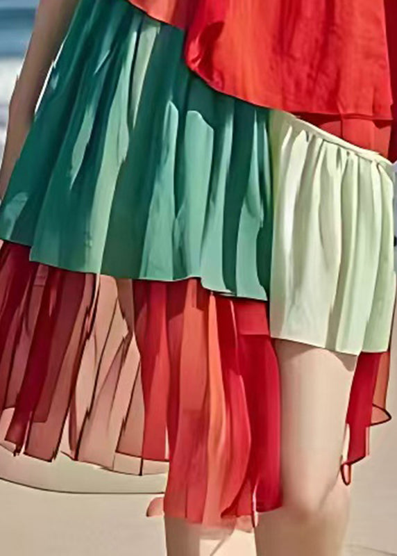 Style Red Ruffled Patchwork Tulle Mid Dress Summer
