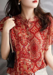 Style Red Ruffled Print Patchwork Chiffon Shirts Top Summer