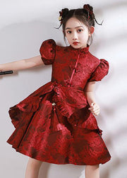 Style Red Stand Collar Asymmetrical Ruffled Kids Maxi Dresses Puff Sleeve