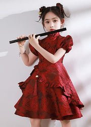 Style Red Stand Collar Asymmetrical Ruffled Kids Maxi Dresses Puff Sleeve