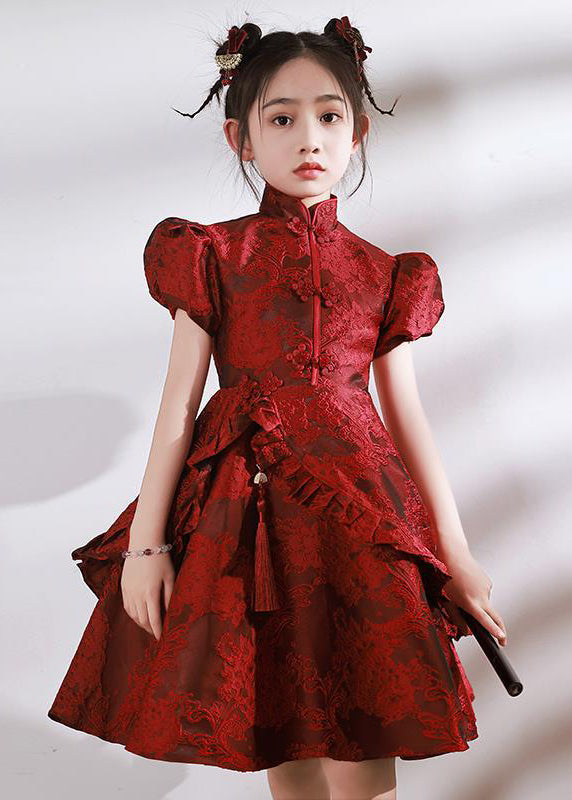 Style Red Stand Collar Asymmetrical Ruffled Kids Maxi Dresses Puff Sleeve