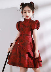 Style Red Stand Collar Asymmetrical Ruffled Kids Maxi Dresses Puff Sleeve