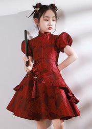 Style Red Stand Collar Asymmetrical Ruffled Kids Maxi Dresses Puff Sleeve