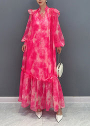 Style Red Stand Collar Ruffled Print Chiffon Maxi Dress Long Sleeve