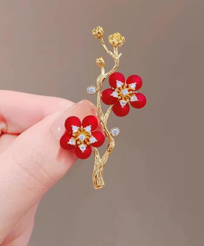 Style Red Sterling Silver Overgild Zircon Plum Blossom Brooch