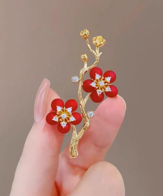 Style Red Sterling Silver Overgild Zircon Plum Blossom Brooch