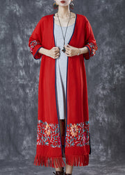 Style Red Tasseled Embroidered Cotton Long Cardigan Fall