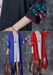 Style Red Tasseled Embroidered Cotton Long Cardigan Fall
