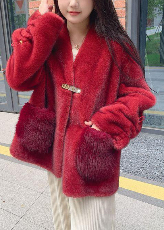 Style Red V Neck Drawstring Thick Mink Velvet Coats Winter