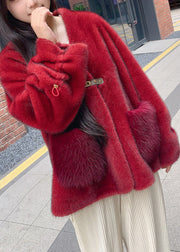 Style Red V Neck Drawstring Thick Mink Velvet Coats Winter