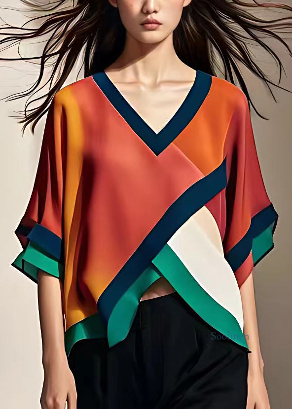 Style Red V Neck Patchwork Chiffon Shirts Summer