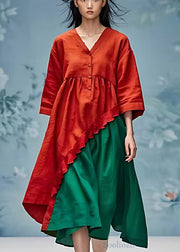 Style Red V Neck Patchwork Cotton Long Dresses Summer
