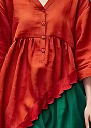 Style Red V Neck Patchwork Cotton Long Dresses Summer
