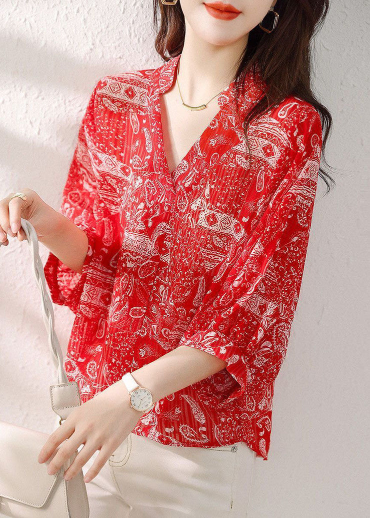 Style Red V Neck Print Patchwork Chiffon Blouses Summer