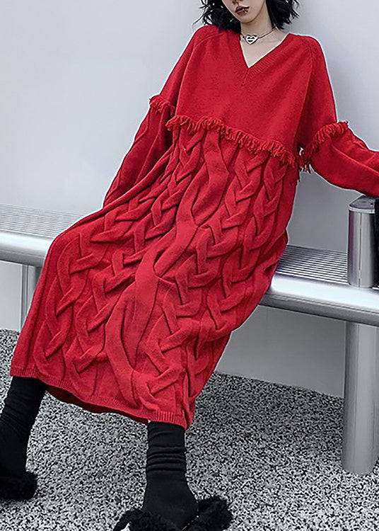 Style Red V Neck Tasseled Patchwork Cable Knit Sweaters Dresses Fall